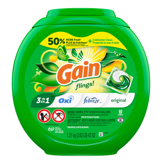 Gain Flings Laundry Detergent Pacs, Original Scent, 60 Count