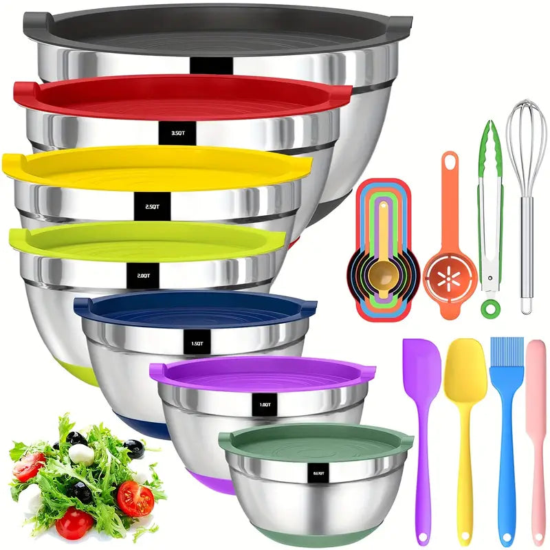 20 Piece Stainless Steel Bowls With Airtight Lids, Non-Slip Colorful Silicone Bottom, Size 7, 3.5, 2.5, 2.0, 1.5, 1, 0.67QT, Great For Mixing, Baking, Serving