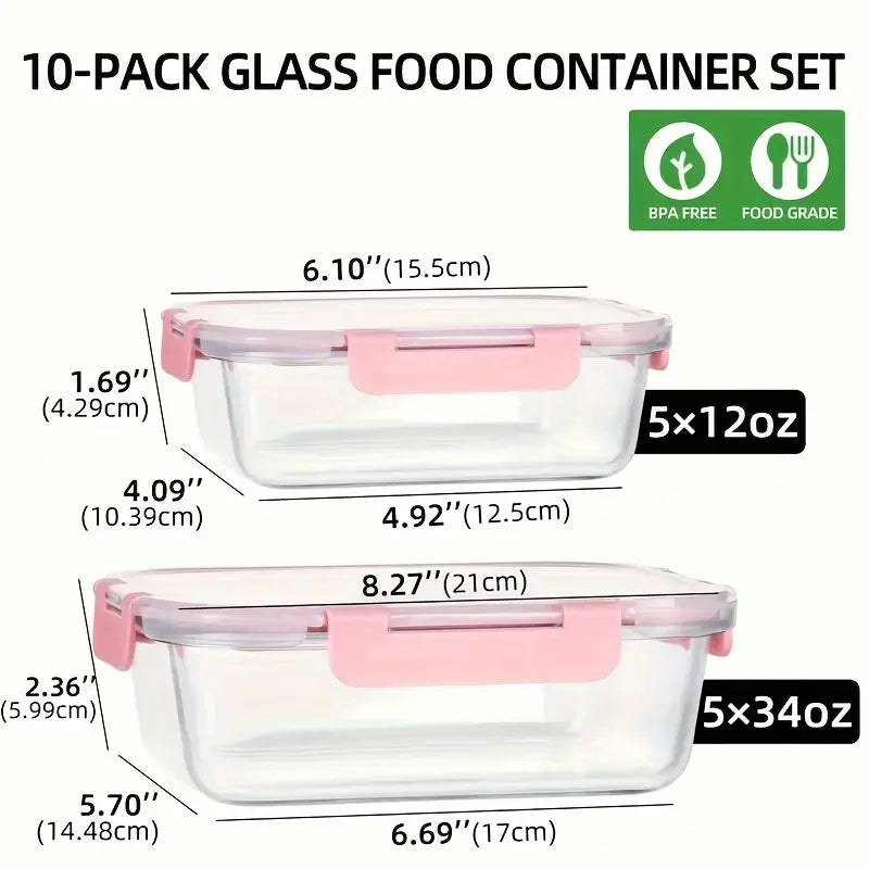 10-Pack Premium Glass Meal Prep Containers Set - Airtight, Leak-Proof, Microwave-Safe, Dishwasher