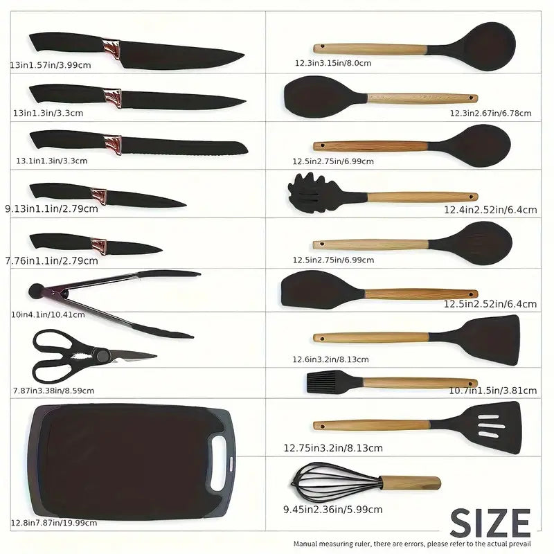 19-Piece High Quality Silicone Kitchenware Set with Wooden Handle, Heat-Resistant, Non-Stick Cooking Tools,