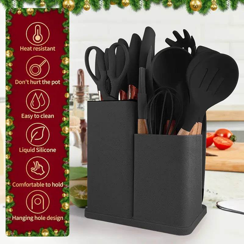 19-Piece High Quality Silicone Kitchenware Set with Wooden Handle, Heat-Resistant, Non-Stick Cooking Tools,