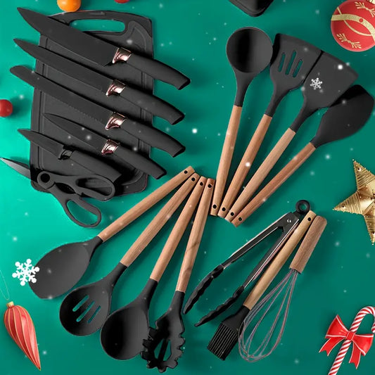 19-Piece High Quality Silicone Kitchenware Set with Wooden Handle, Heat-Resistant, Non-Stick Cooking Tools,