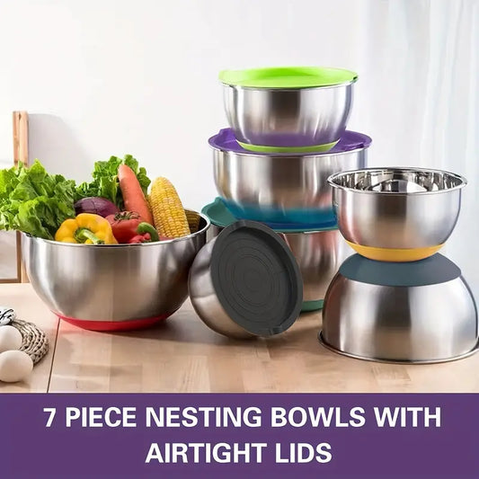 20 Piece Stainless Steel Bowls With Airtight Lids, Non-Slip Colorful Silicone Bottom, Size 7, 3.5, 2.5, 2.0, 1.5, 1, 0.67QT, Great For Mixing, Baking, Serving